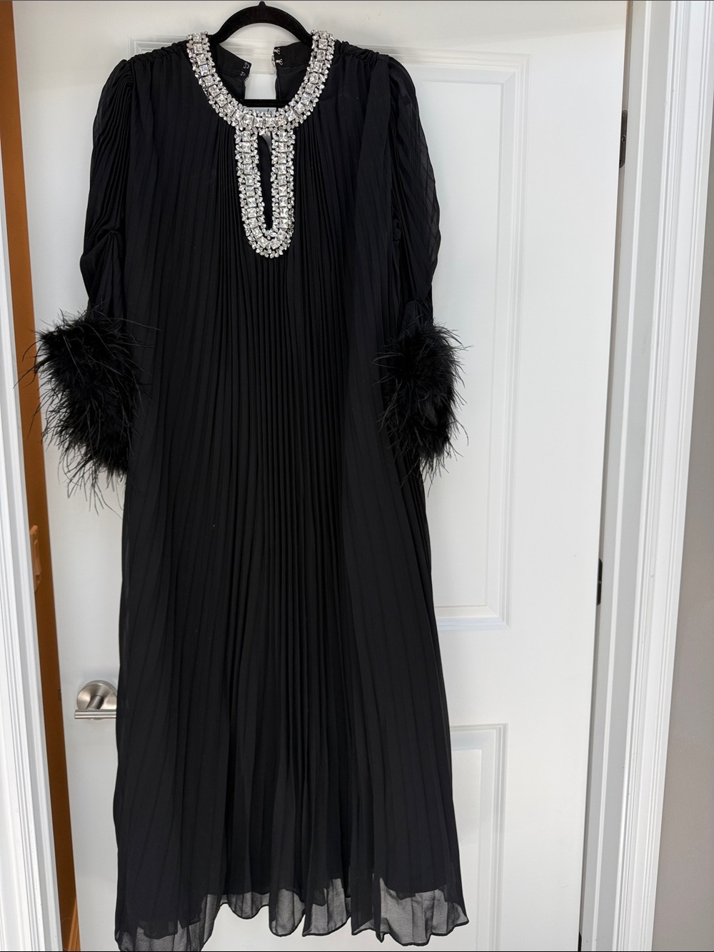 Black Pleated Midi Dress with Jeweled Neckline